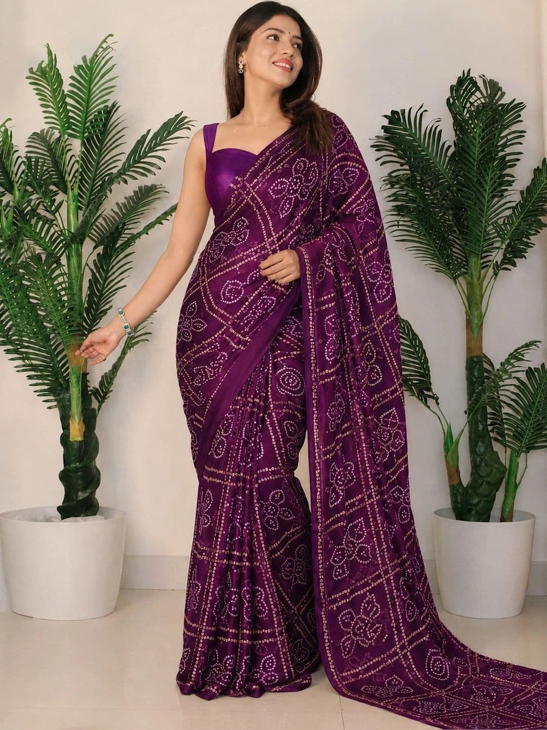 SANJANA  SILK SANJANA SILK Women Bandhani Pure Georgette Saree thumbnail 3