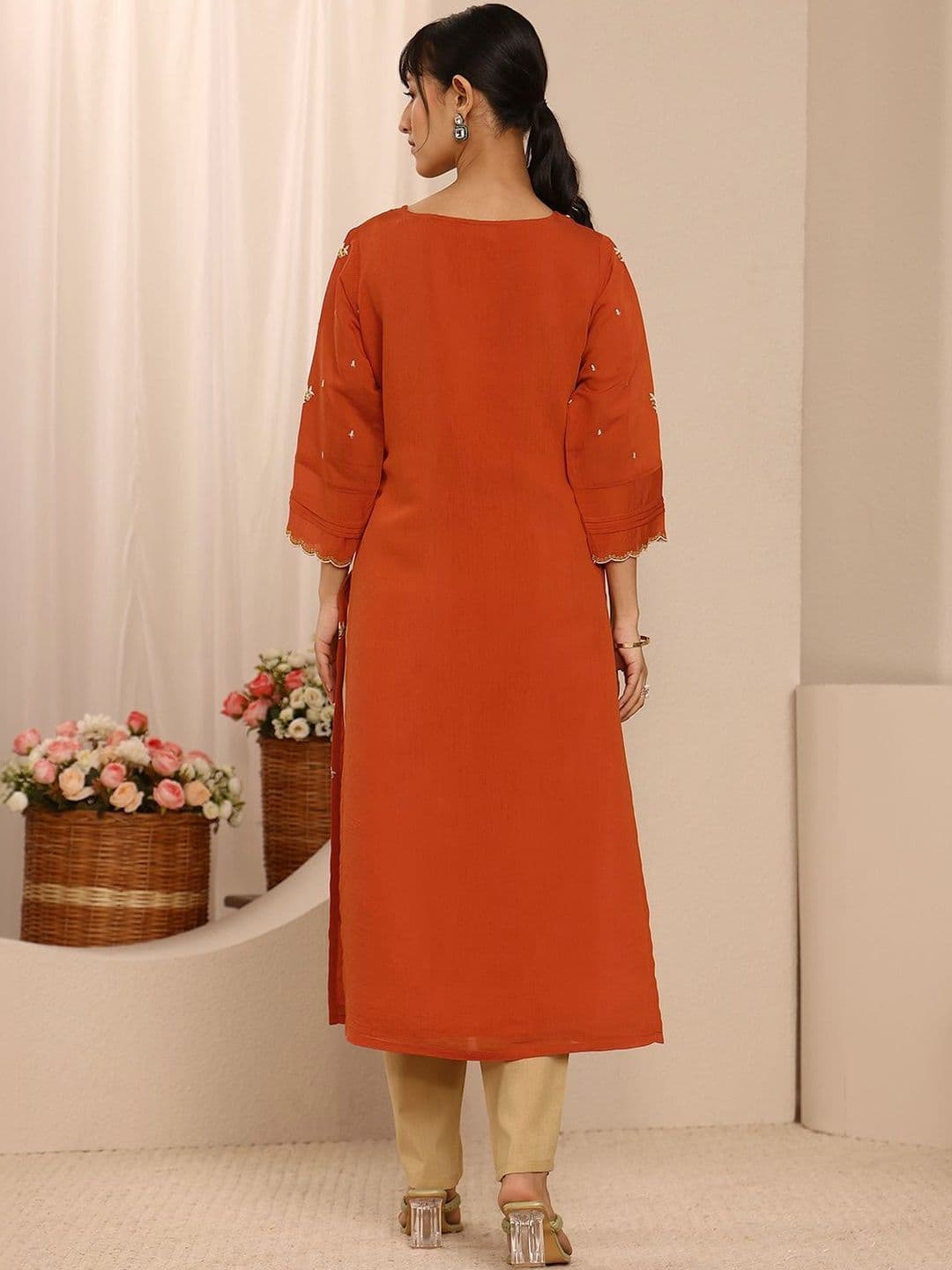 Libas Orange Embroidered Chanderi Cotton Straight Kurta thumbnail 5