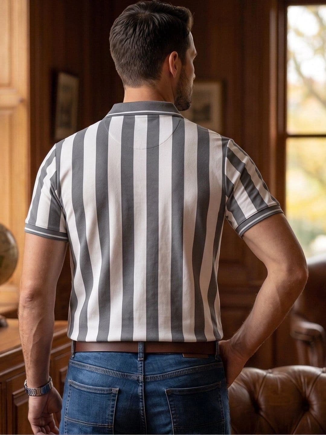 MALER Men Striped Polo Collar Pockets T-shirt thumbnail 2