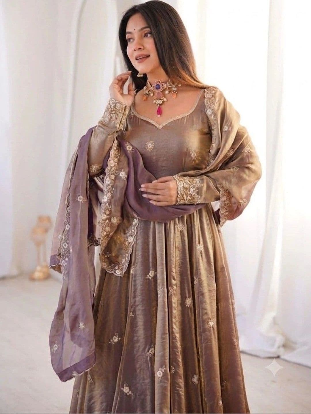 all about you Women Ethnic  Tiered Thread Work Kurta with Trousers & With Dupatta thumbnail 3