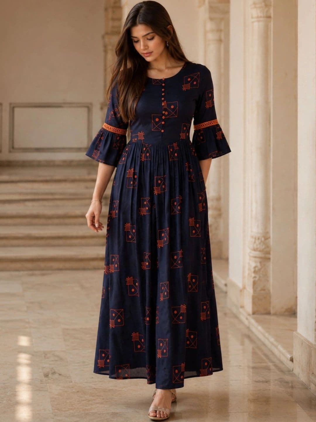 indo street Women Printed Round Neck A-Line Ethnic Dresses thumbnail 4