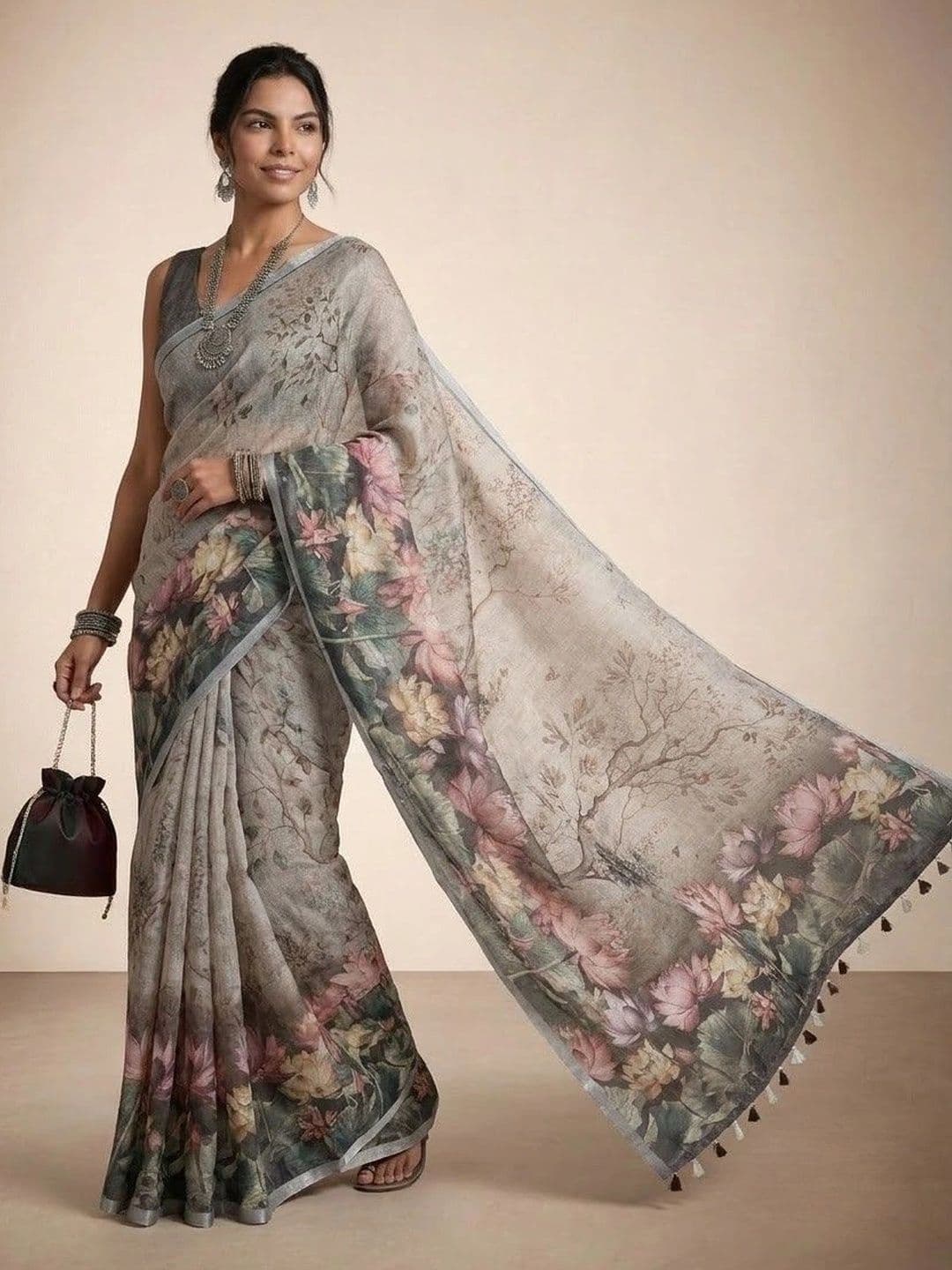 Anouk Floral Linen Blend Saree thumbnail 2