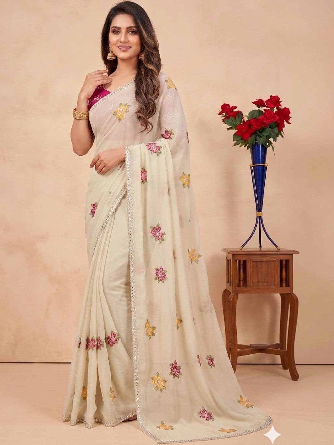 SmileyFashion Floral Mirror Work Poly Chiffon Designer Saree thumbnail 5