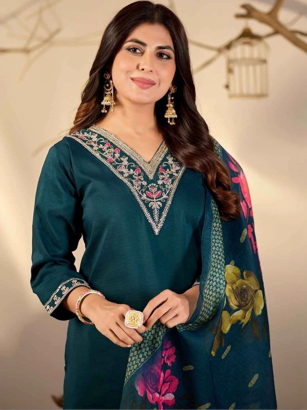 NAVYAAZRI Women Floral Embroidered Regular Thread Work Kurta with Trousers & With Dupatta thumbnail 6
