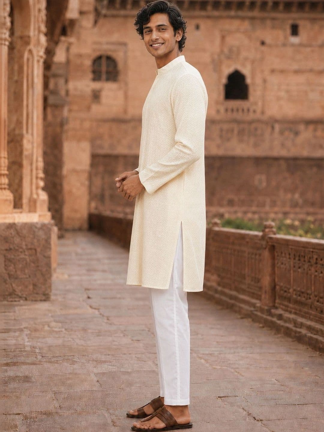 See Designs Mandarin Collar Geometric Chikankari Embroidered Straight Kurta thumbnail 3