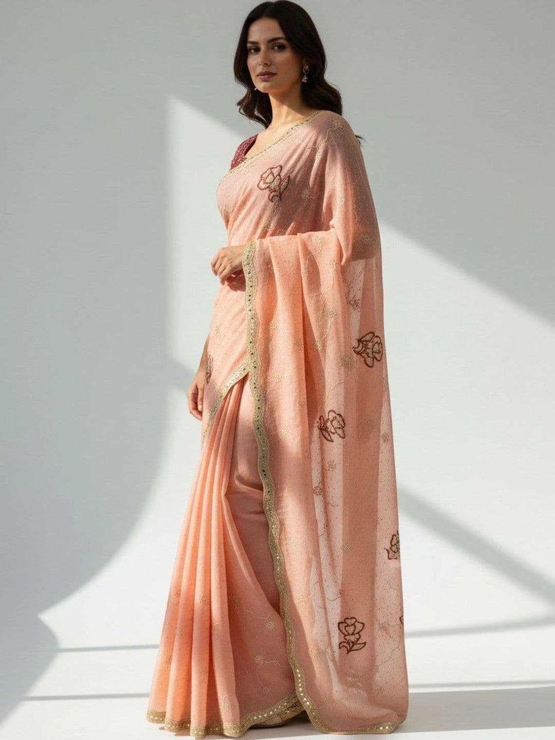 SmileyFashion Floral Embroidered Poly Georgette Saree - view 1