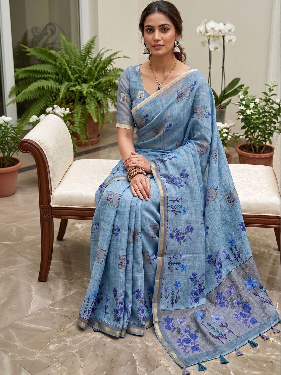 OLIVE SAGE Floral Linen Blend Tussar Saree thumbnail 3