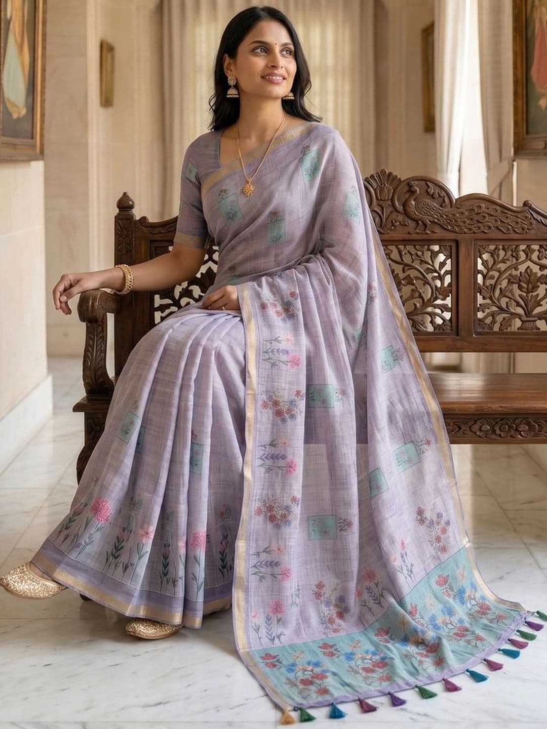 OLIVE SAGE Floral Linen Blend Tussar Saree thumbnail 6