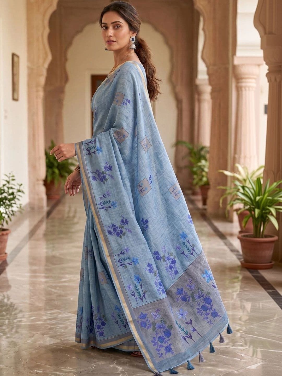OLIVE SAGE Floral Linen Blend Tussar Saree thumbnail 7