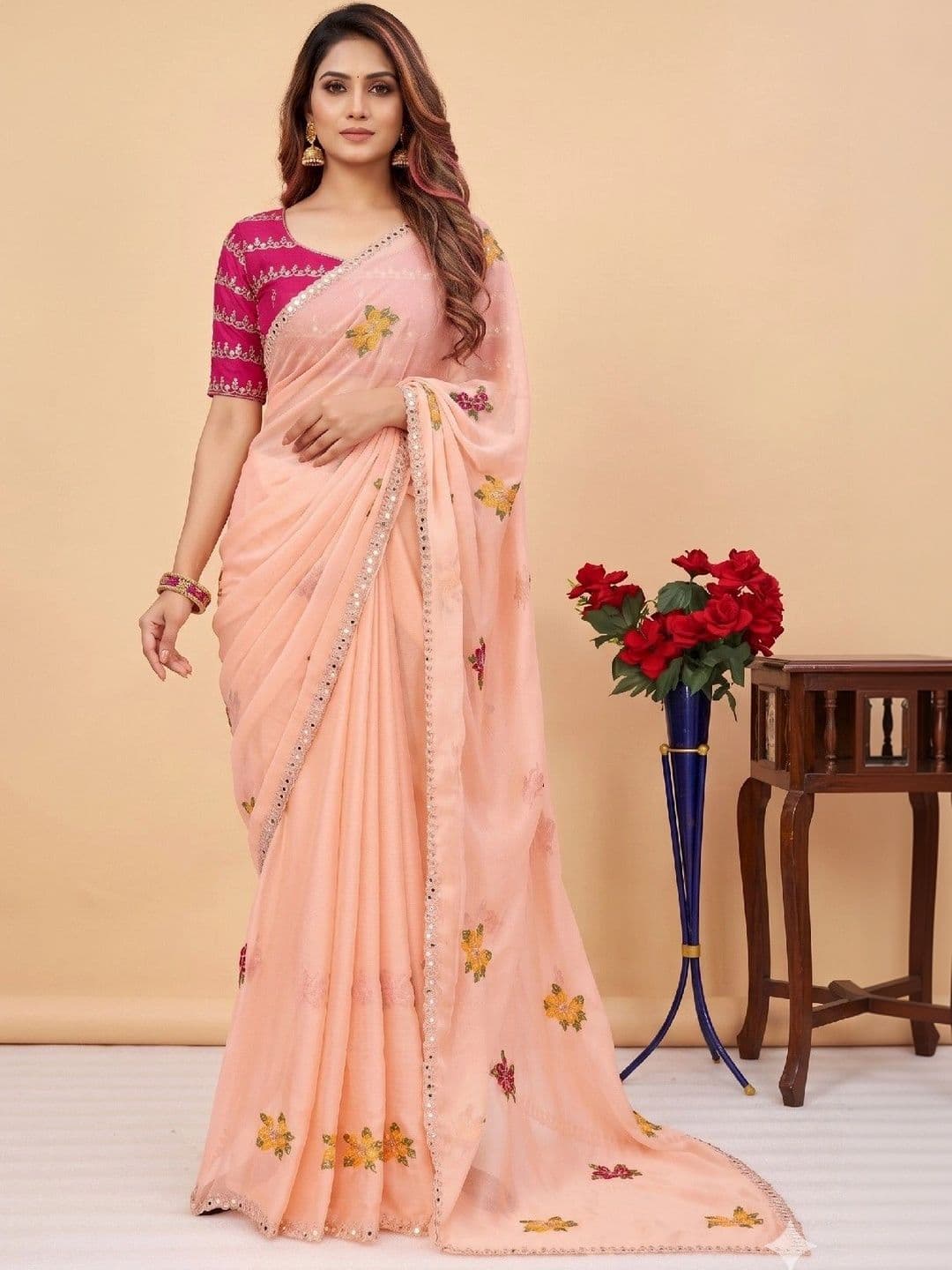 SmileyFashion Floral Mirror Work Poly Chiffon Designer Saree - view 1