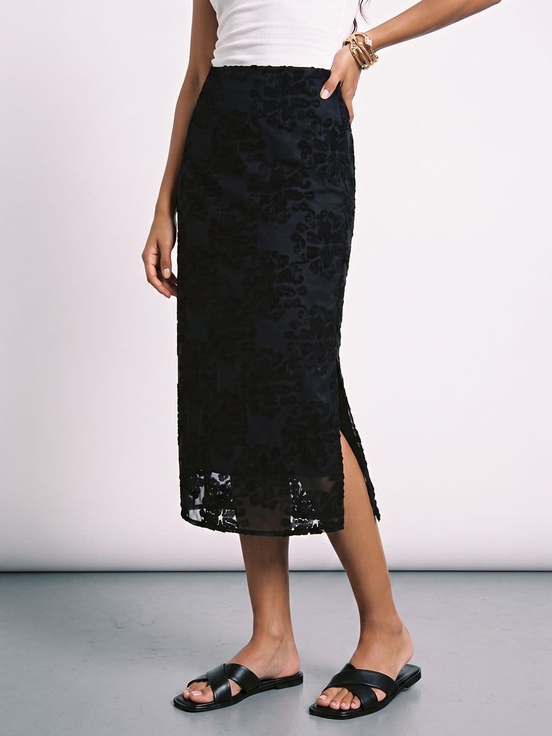 Phosphorus Women Floral Designed Side Slit Midi Straight Skirt - view 1