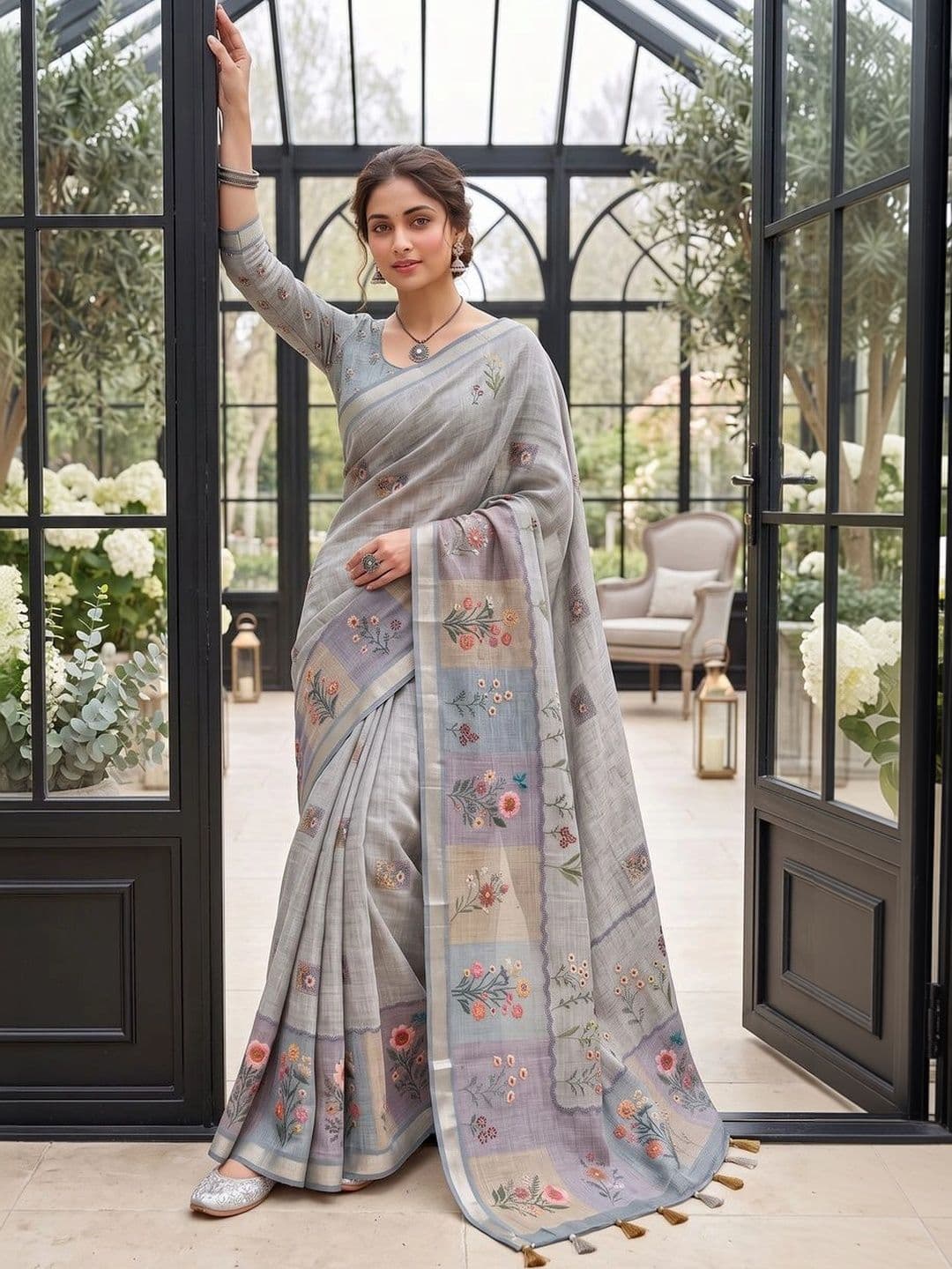 OLIVE SAGE Floral Linen Blend Tussar Saree thumbnail 3