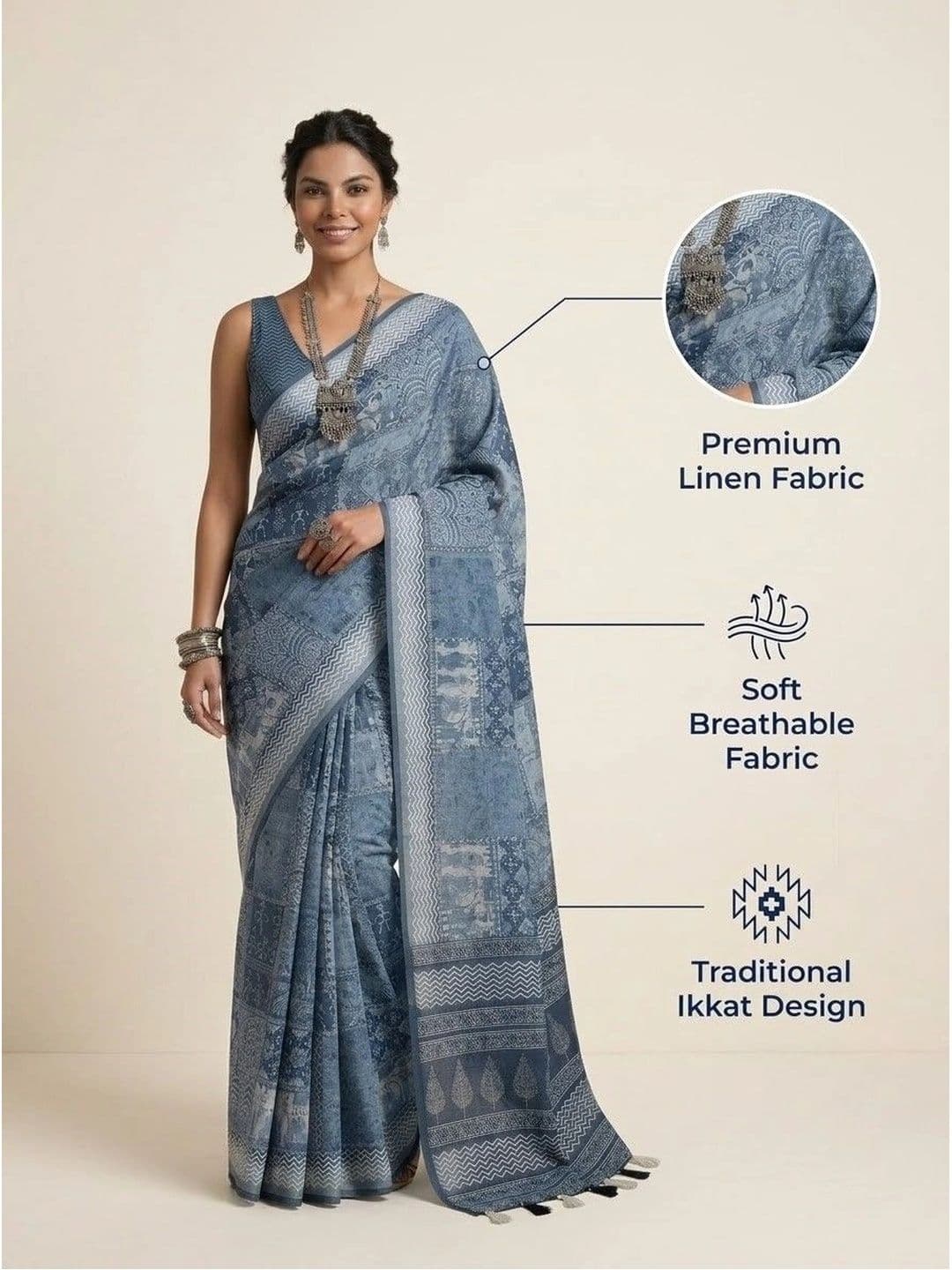 Anouk Ethnic Motifs Pure Linen Ikat Saree thumbnail 5