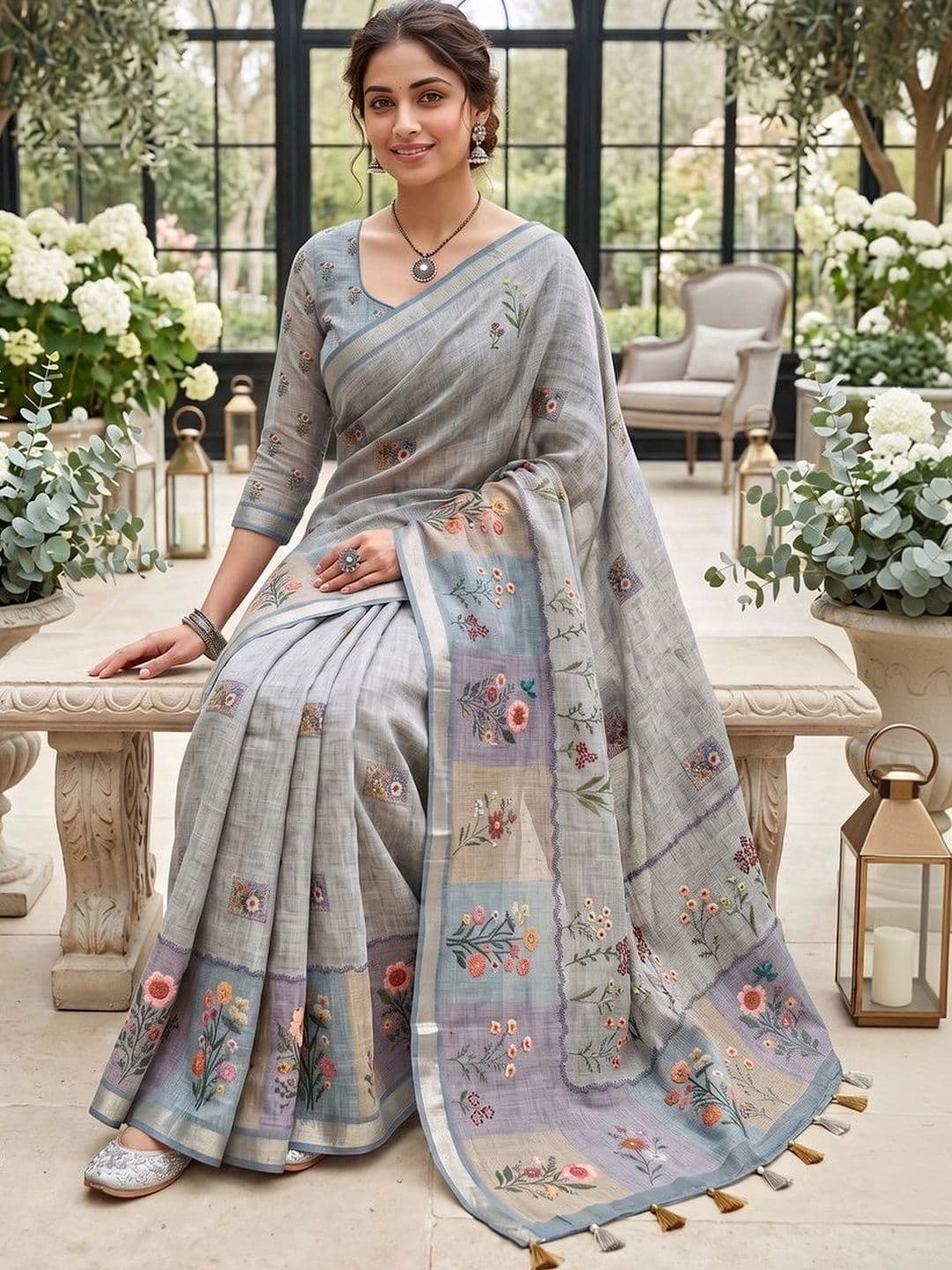 OLIVE SAGE Floral Linen Blend Tussar Saree thumbnail 5