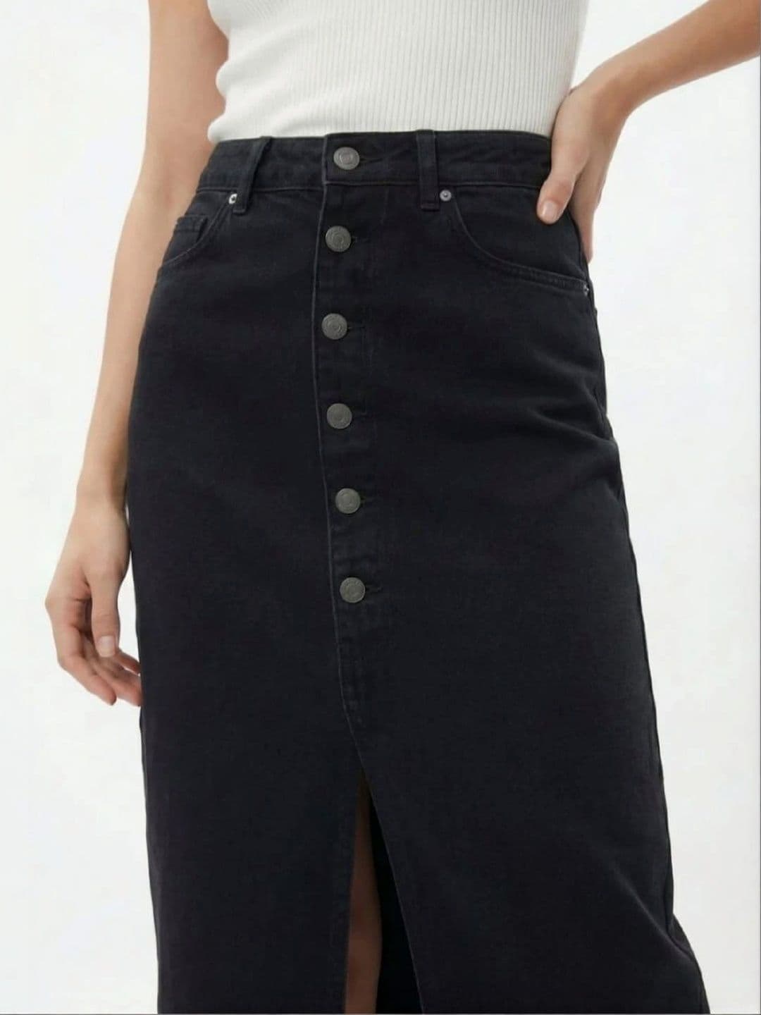 Pink Clap Fashion Women Denim Front Slit Midi Straight Skirt thumbnail 2