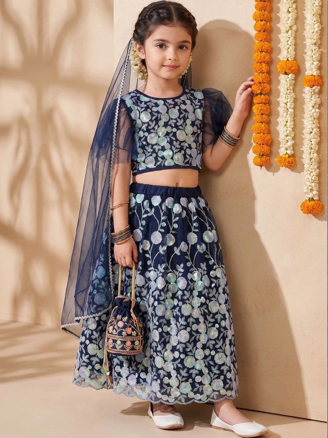 YK Girls Embellished Sequinned Ready to Wear Lehenga & Blouse With Dupatta - view 1