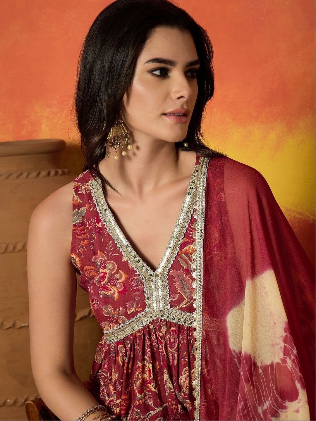 Stylum Women Floral Printed Tiered Sequinned Pure Cotton Kurta with Sharara & With Dupatta thumbnail 4