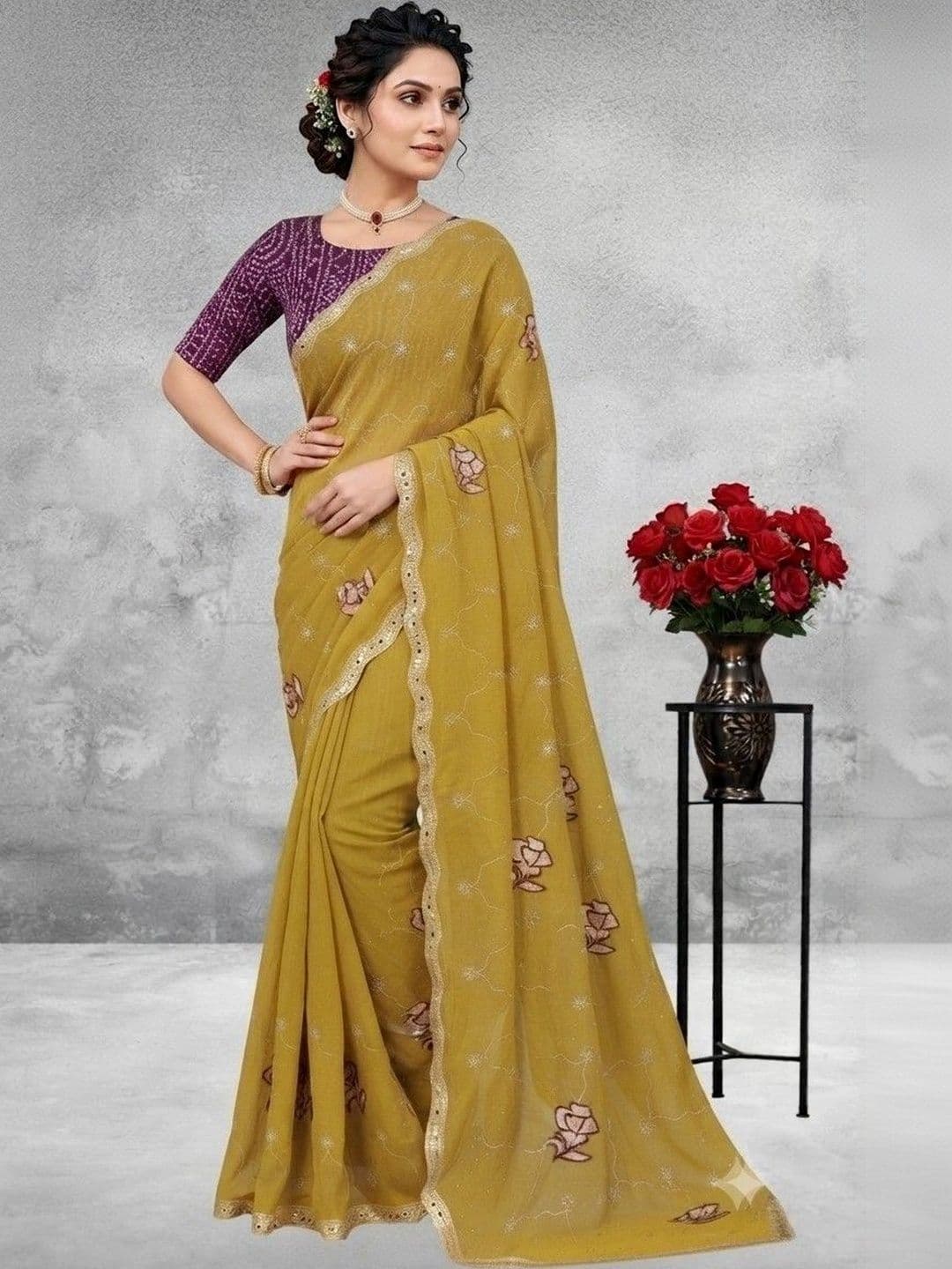 SmileyFashion Floral Embroidered Poly Georgette Saree - view 1