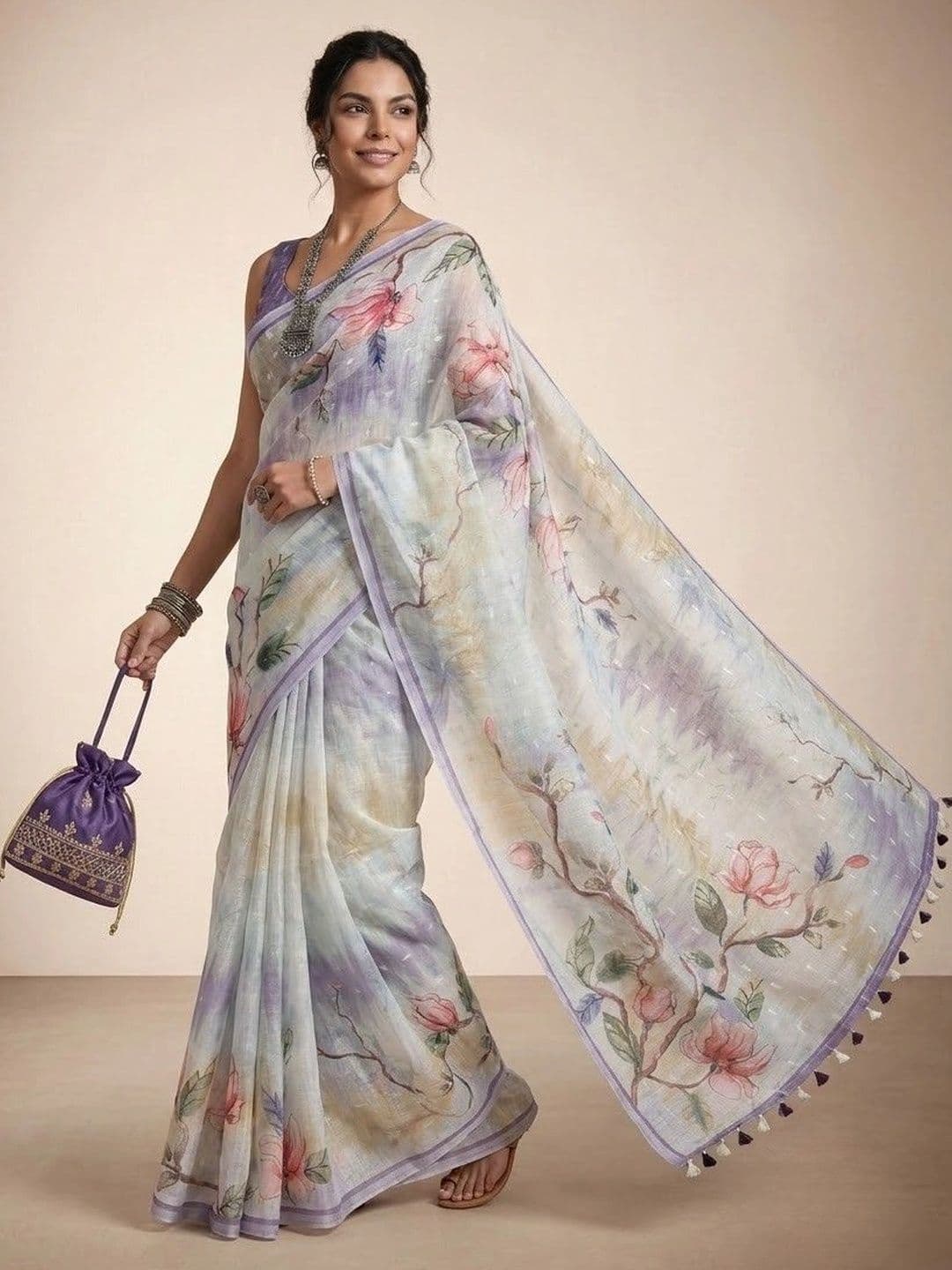 Anouk Floral Linen Blend Saree thumbnail 6