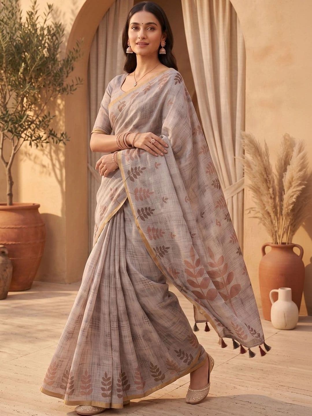 OLIVE SAGE Floral Linen Blend Tussar Saree thumbnail 6