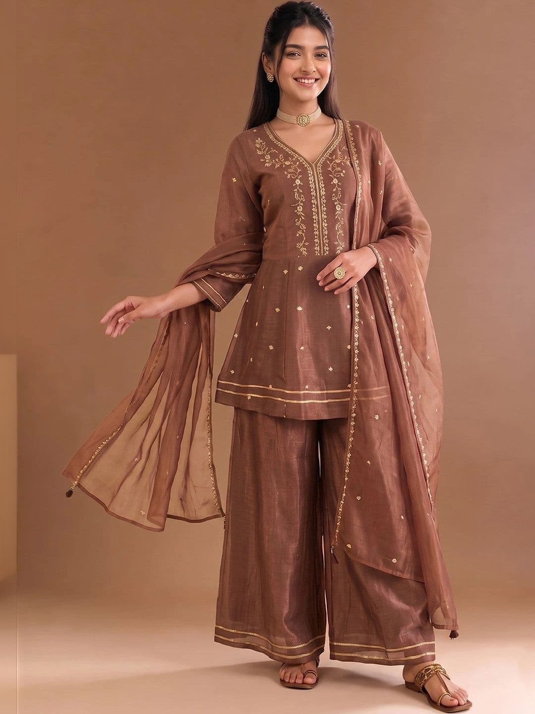 Varanga Women Ethnic Motifs Embroidered Empire Thread Work Kurta with Palazzos & With Dupatta thumbnail 6