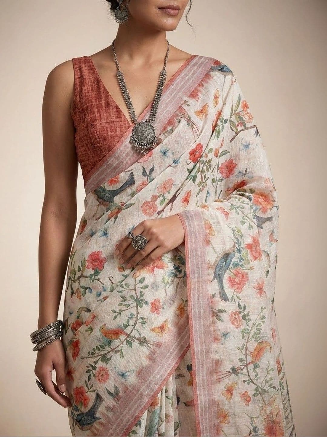 Anouk Floral Pure Linen Jamdani Saree thumbnail 7