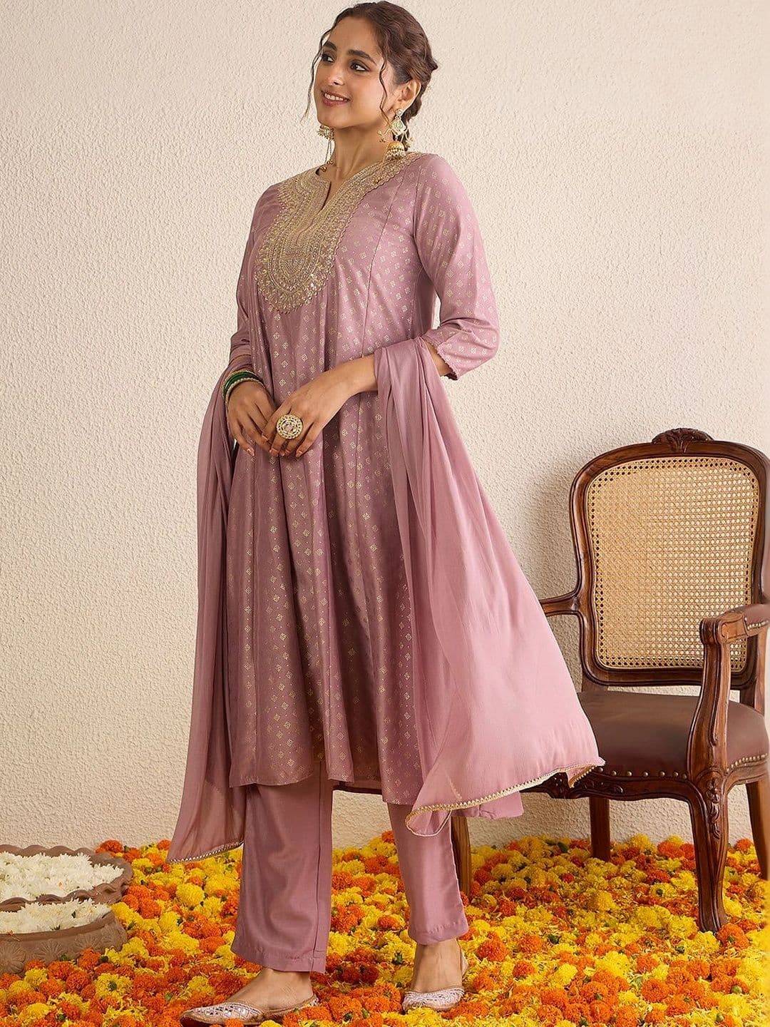 Janasya Ethnic Motifs Printed Panelled Thread Work Muslin Kurta With Palazzo & Dupatta Set thumbnail 4