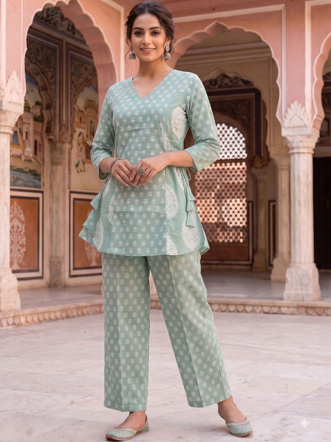 KALINI Women Ethnic Motifs Printed Angrakha Pure Cotton Kurti with Trousers - view 1
