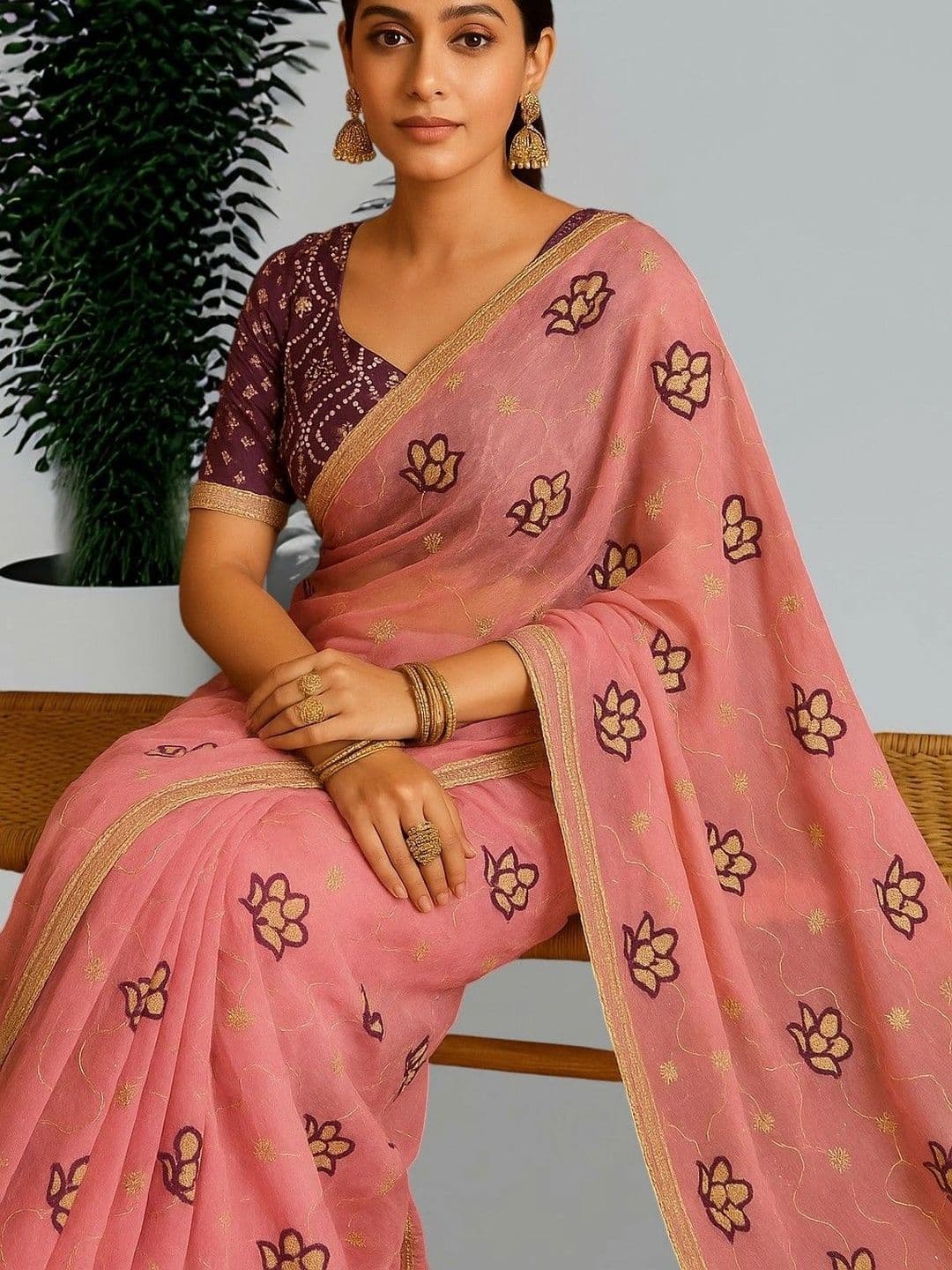 SmileyFashion Floral Embroidered Poly Georgette Saree - view 1