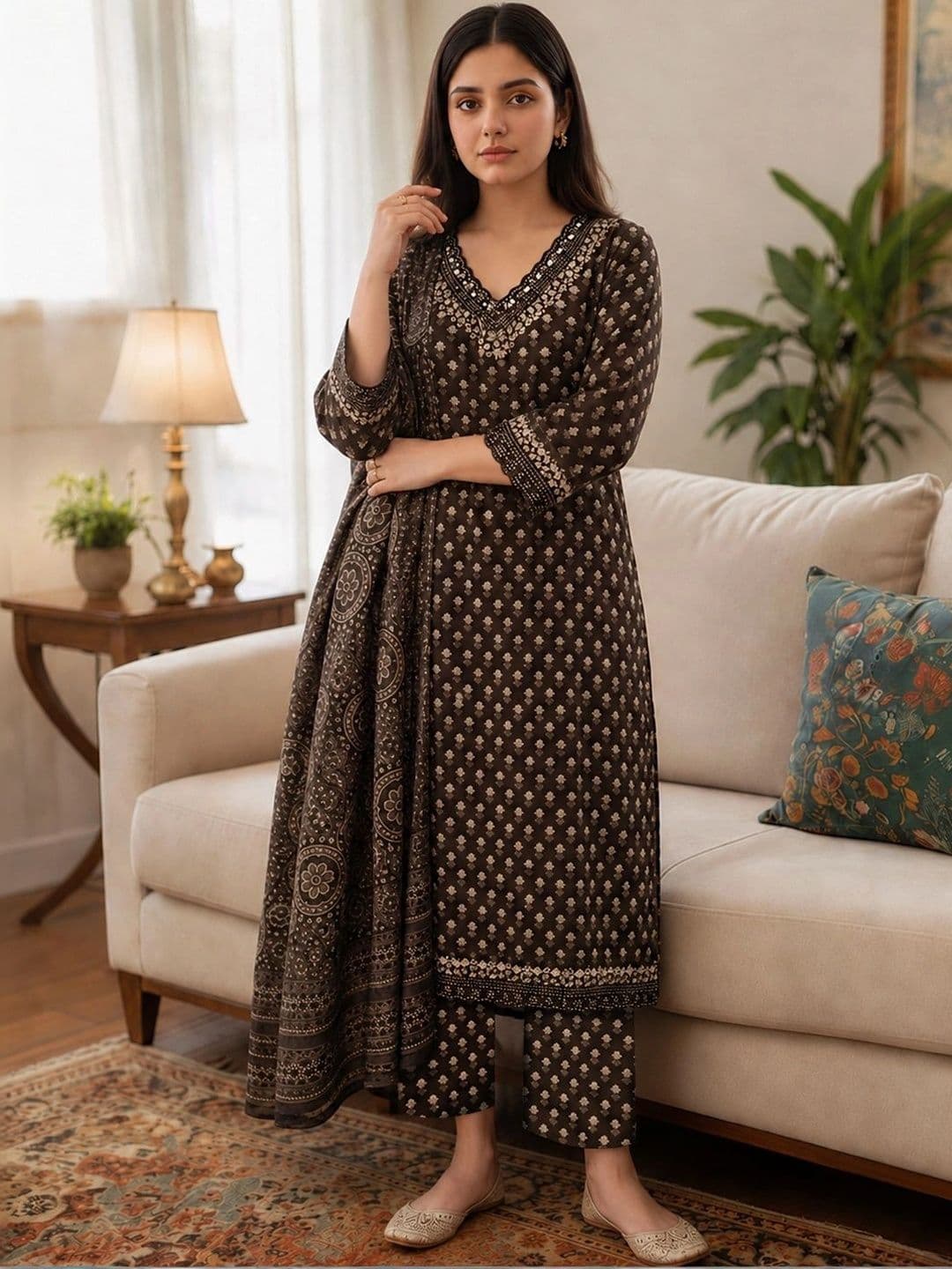 Aaghnya Women Ethnic Motifs Printed Regular Kurta with Trousers & With Dupatta thumbnail 6