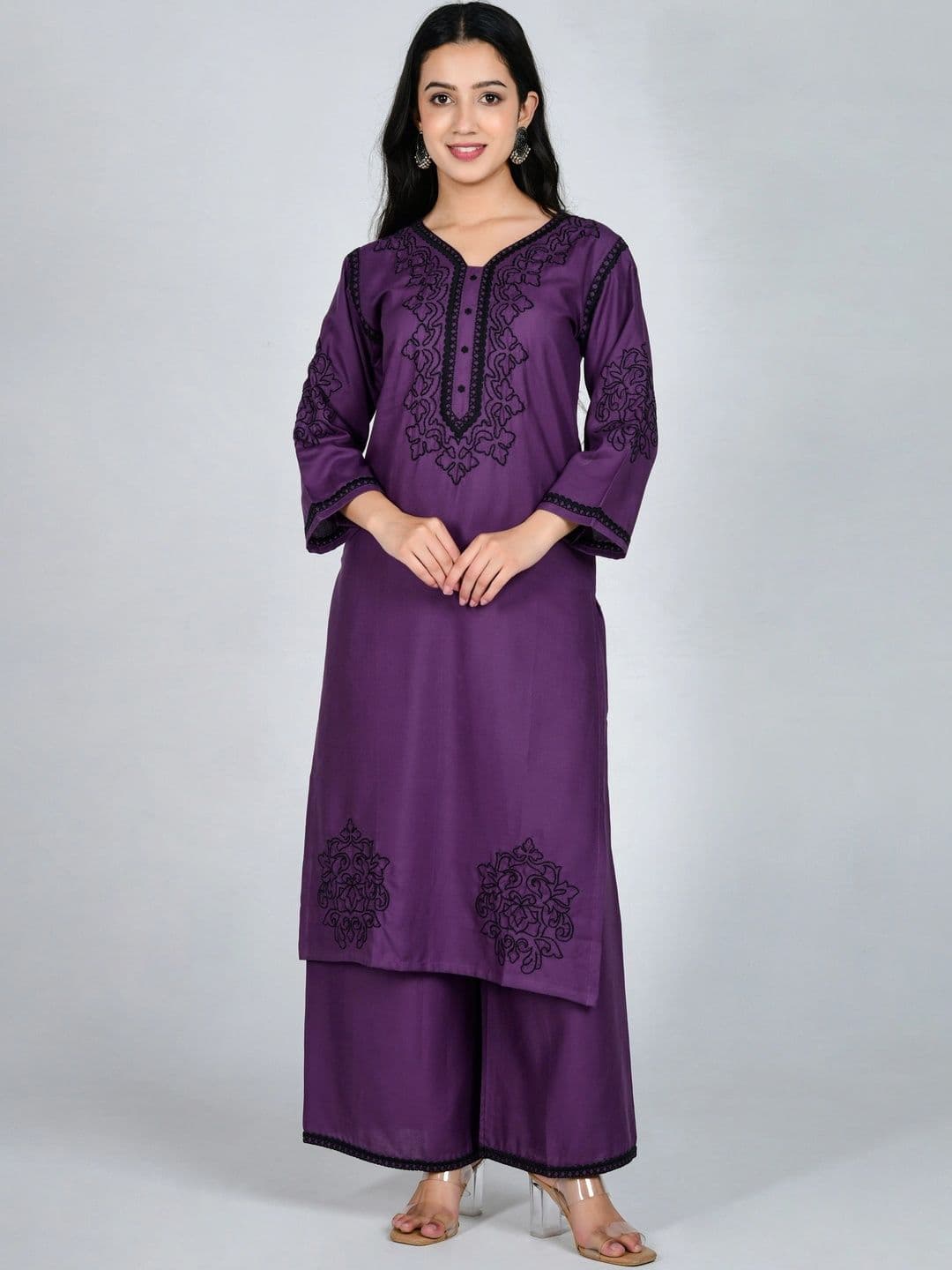 YOJINI Women Ethnic Motifs Embroidered Regular Thread Work Kurta with Palazzos - view 1