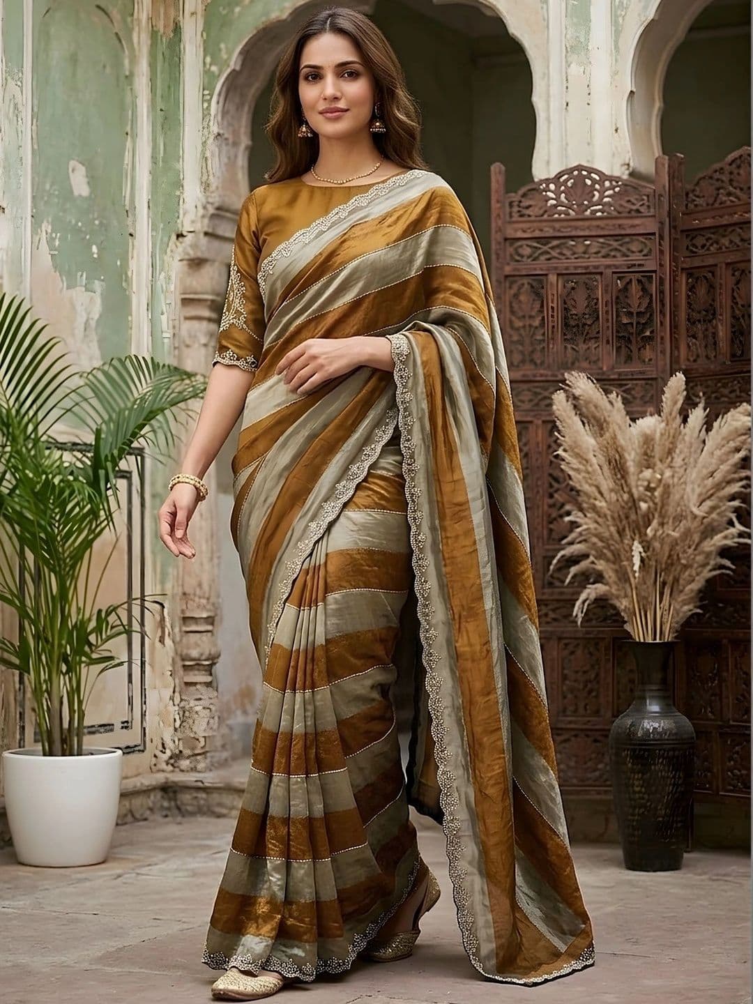 all about you Striped Embroidered Silk Blend Fusion Saree thumbnail 3