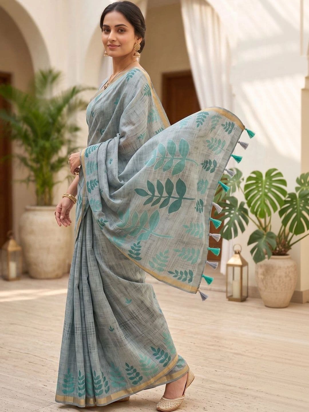 OLIVE SAGE Linen Blend Tussar Saree thumbnail 7