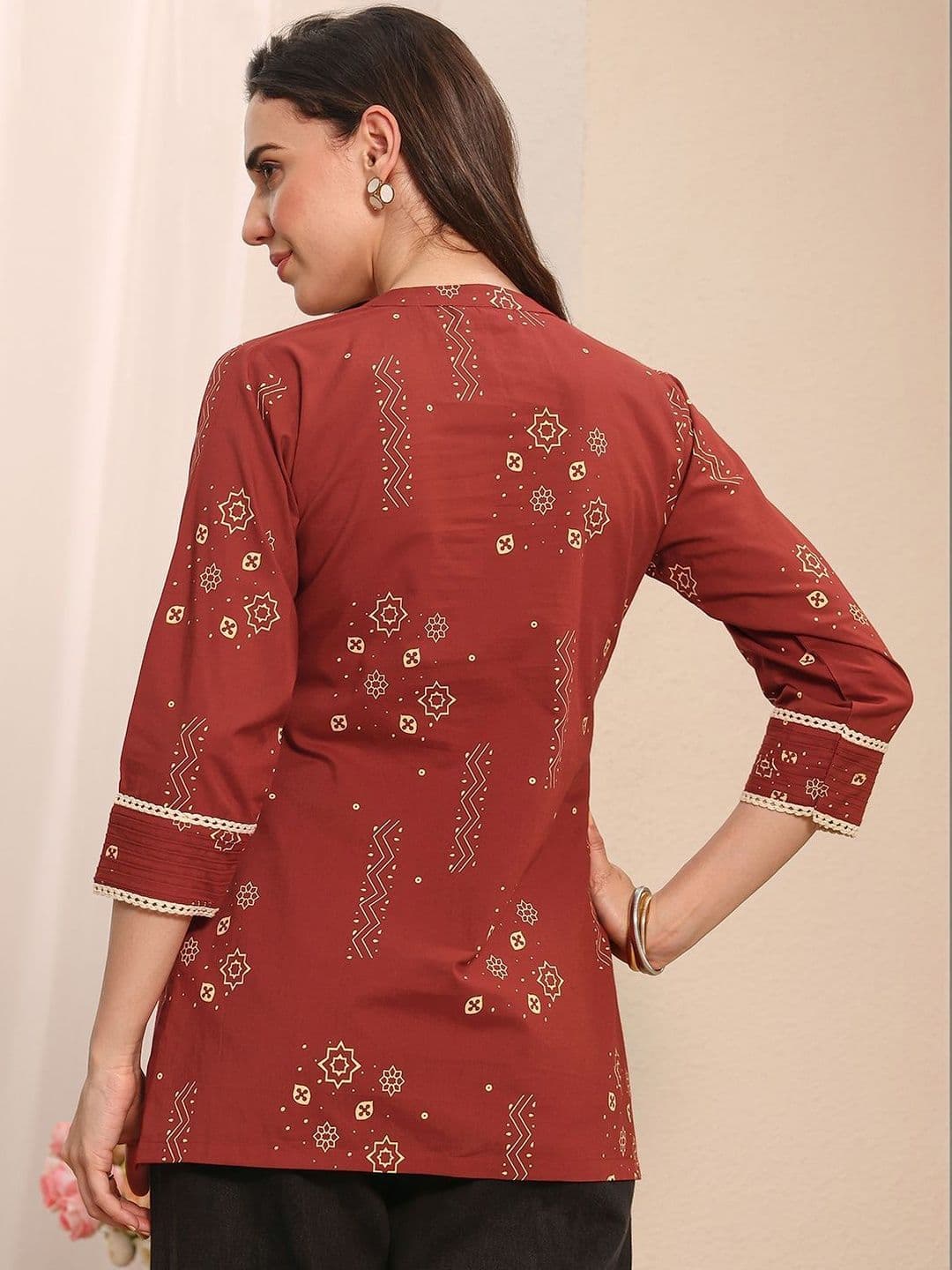 Libas Brown Ethnic Printed Cotton Straight Short Kurti thumbnail 4