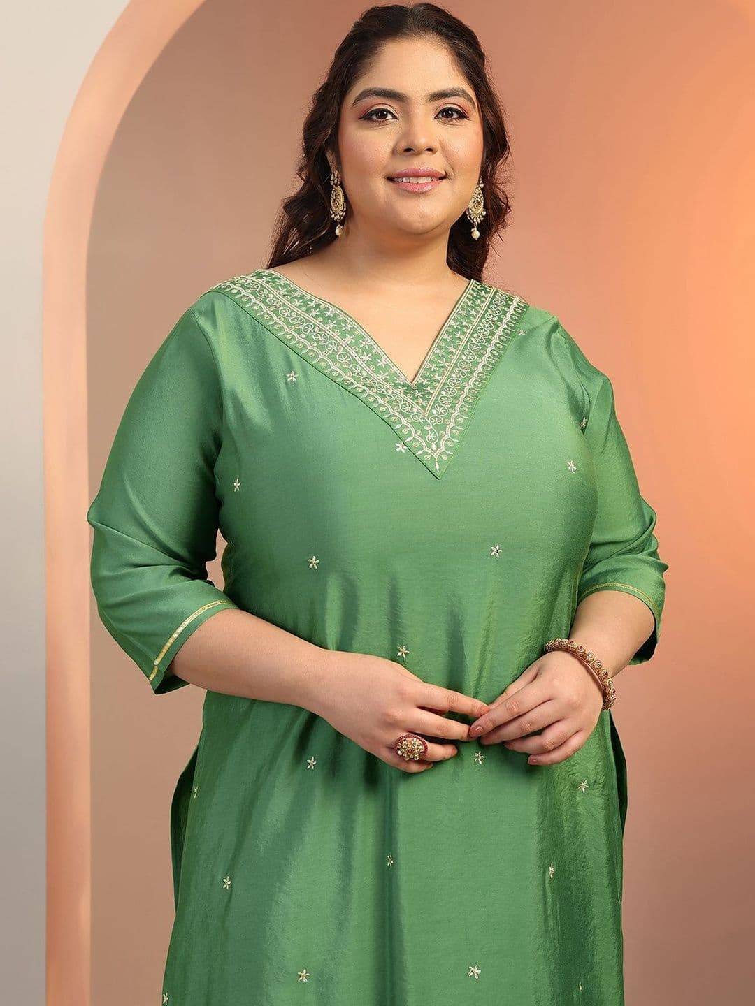 EXTRA LOVE BY LIBAS Women Plus Size Embroidered Kurta with Harem Pants & Dupatta thumbnail 6