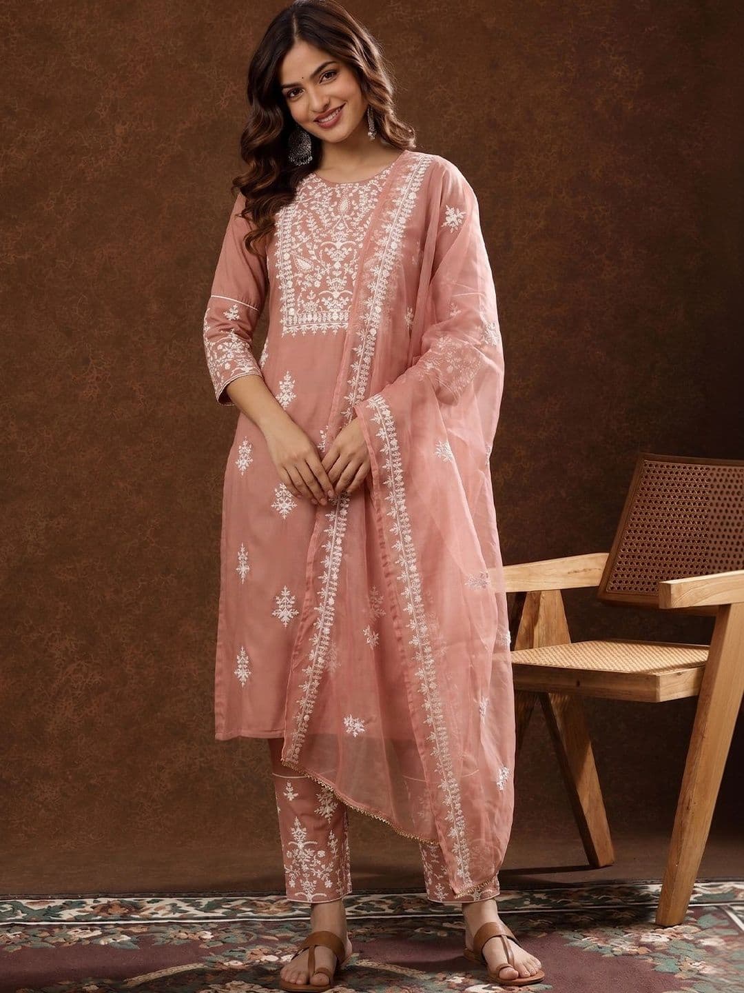 Anouk Women Ethnic Motifs Embroidered Regular Thread Work Pure Cotton Kurta with Trousers & With Dupatta thumbnail 2
