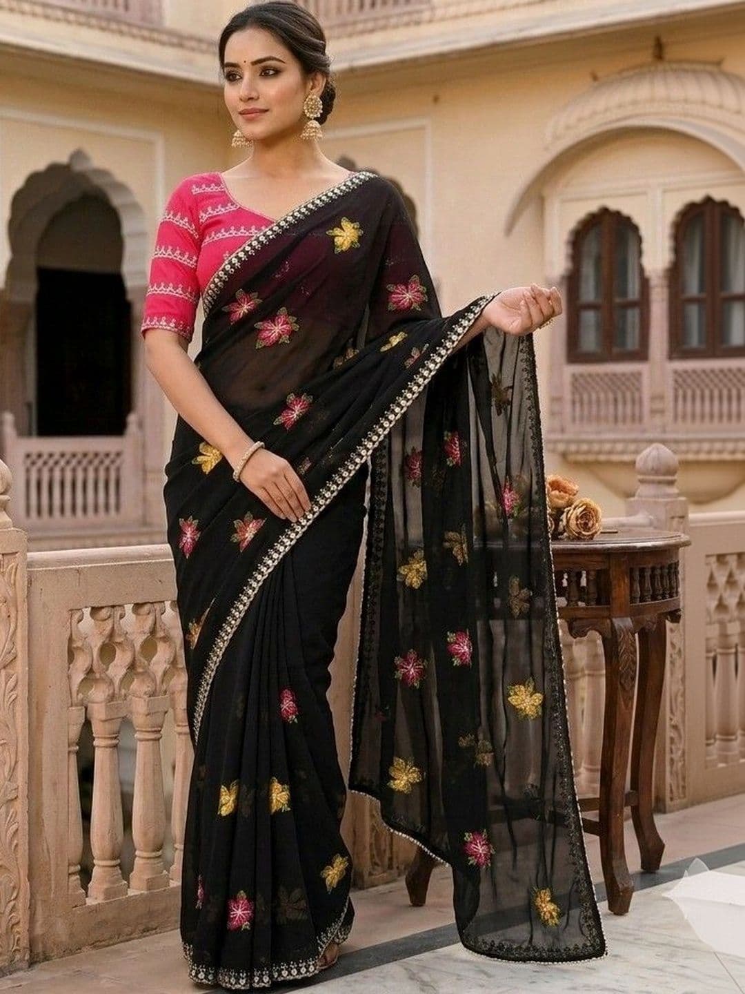 SmileyFashion Floral Embroidered Poly Chiffon Designer Saree - view 1