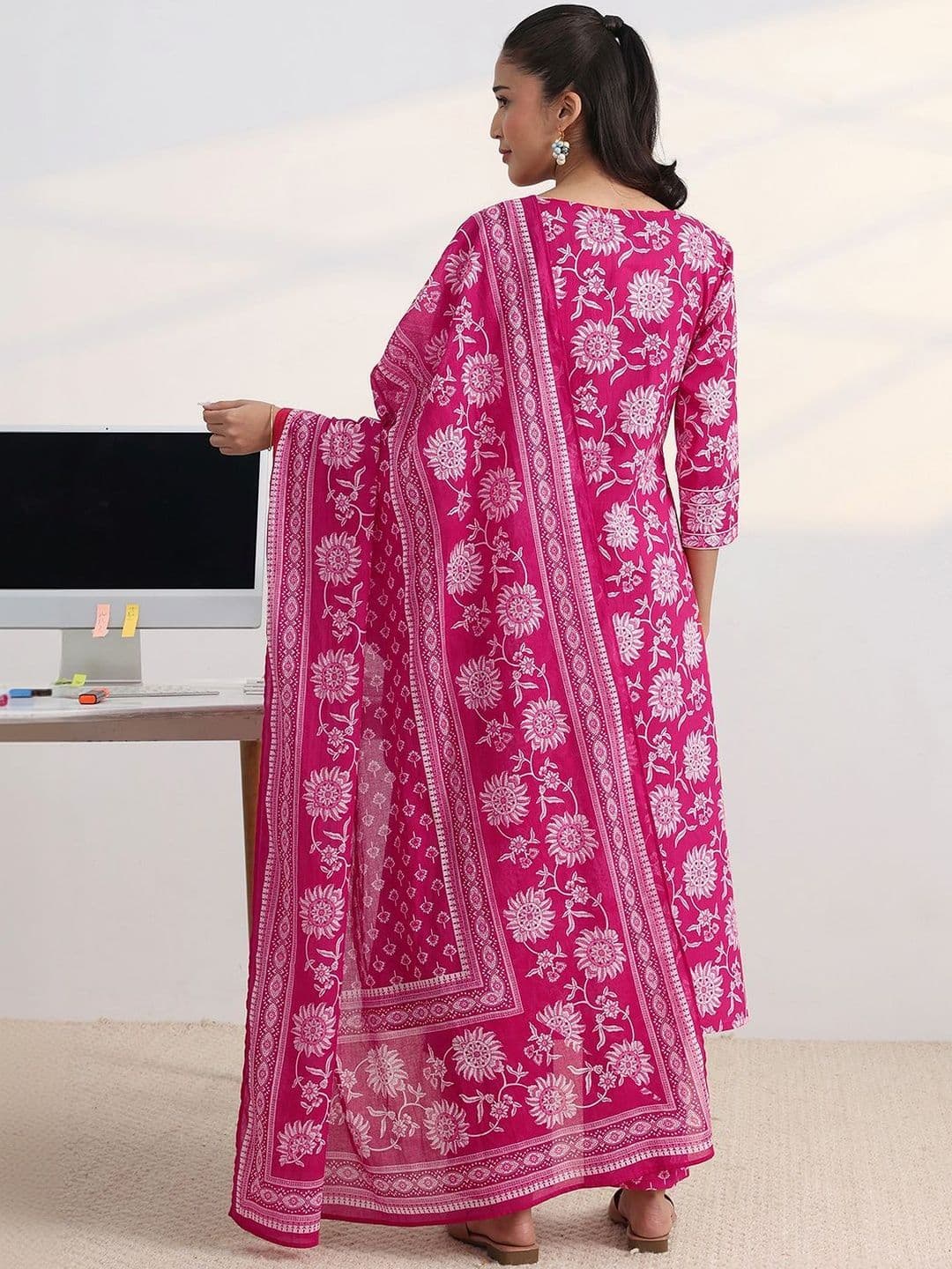 Gerua By Libas Libas Fuchsia Pink Floral Print A-Line Suit Set with Dupatta thumbnail 2