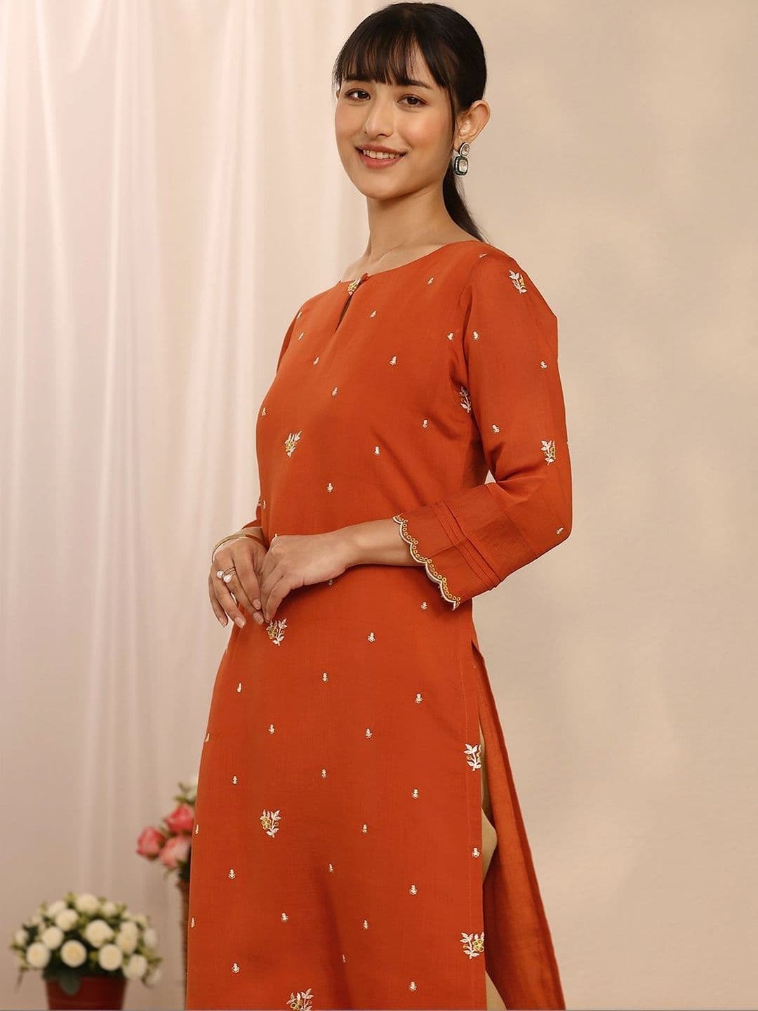 Libas Orange Embroidered Chanderi Cotton Straight Kurta thumbnail 3