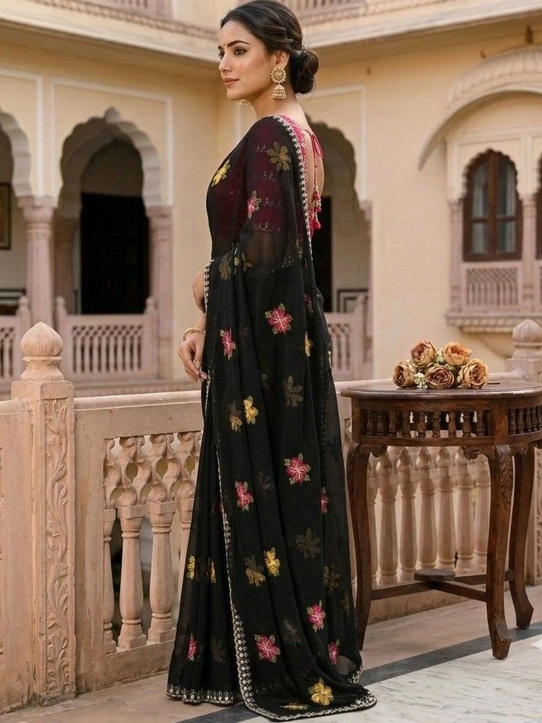 SmileyFashion Floral Embroidered Poly Chiffon Designer Saree thumbnail 3