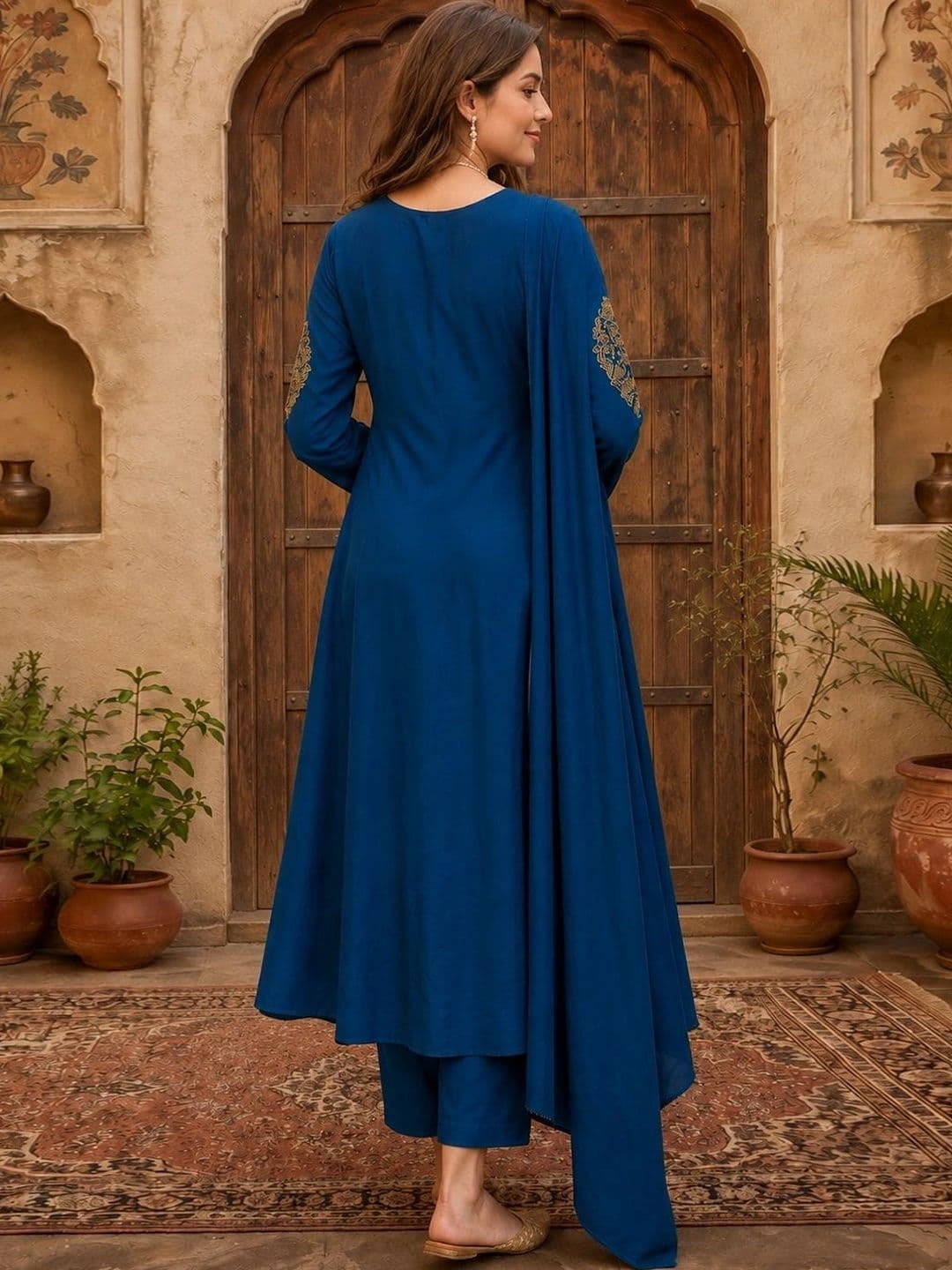 Sangria Women Ethnic Motifs Embroidered Kurta with Trousers & With Dupatta thumbnail 4