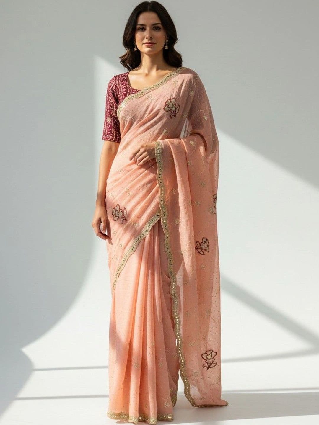 SmileyFashion Floral Poly Georgette Saree - view 1