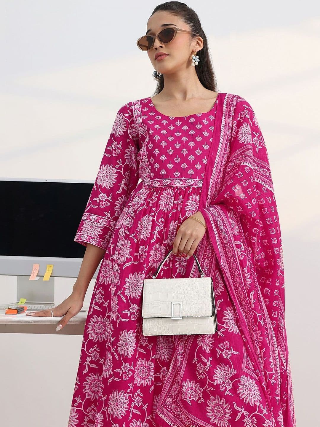 Gerua By Libas Libas Fuchsia Pink Floral Print A-Line Suit Set with Dupatta - view 1