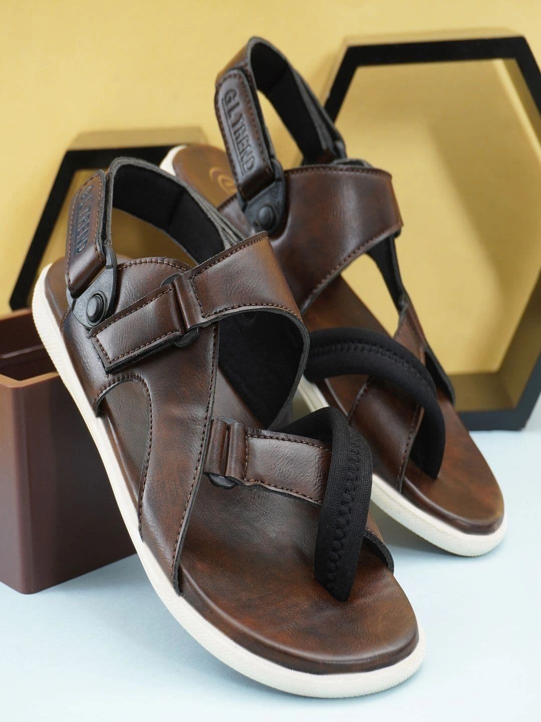 G L Trend Men Leather Comfort Brown Sandals with velcro closure - view 1