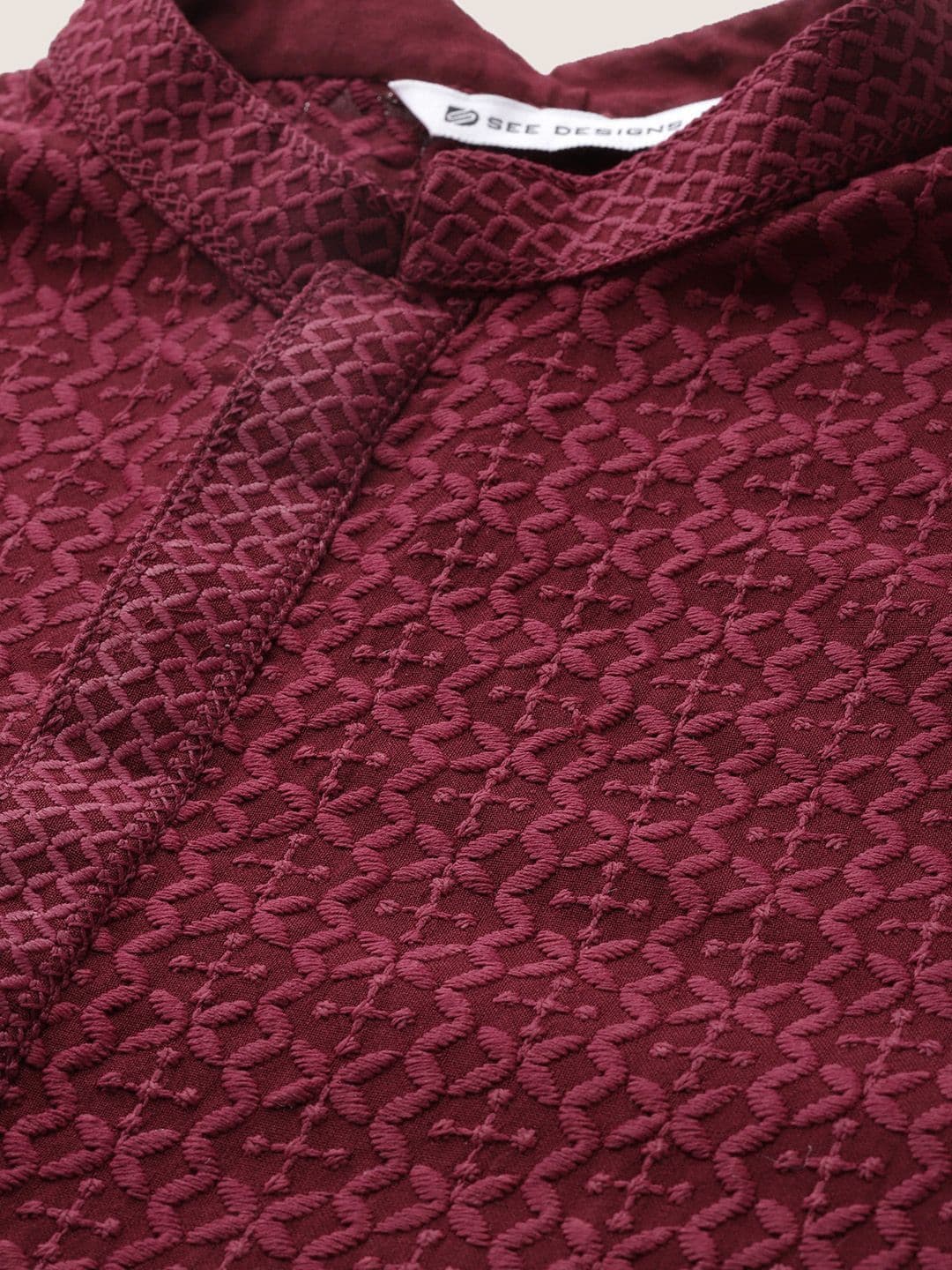 See Designs Geometric Embroidered Mandarin Collar Chikankari Straight Kurta thumbnail 3