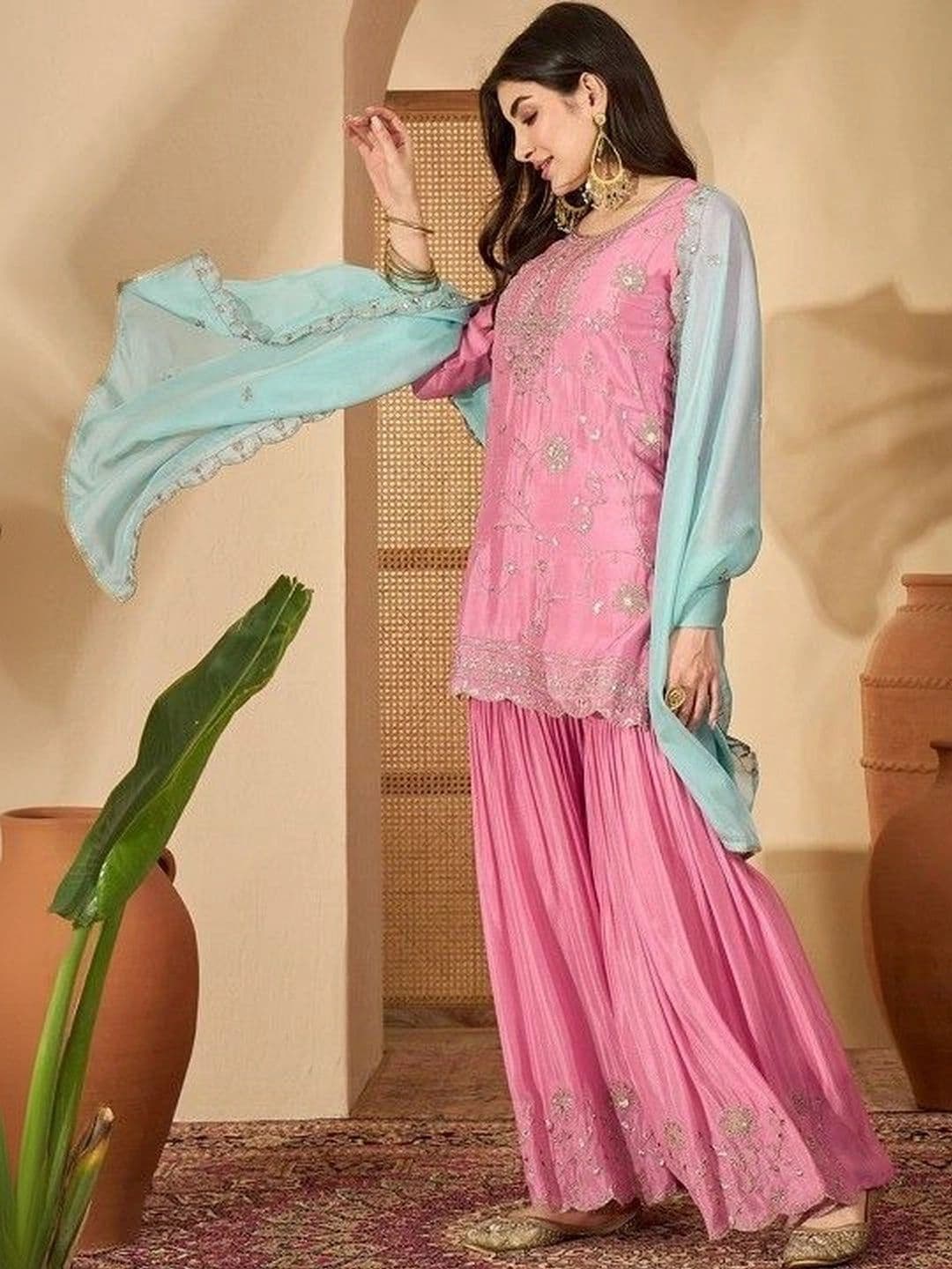 all about you Women Ethnic Motifs Embroidered Regular Sequinned Kurta with Sharara & With Dupatta thumbnail 3
