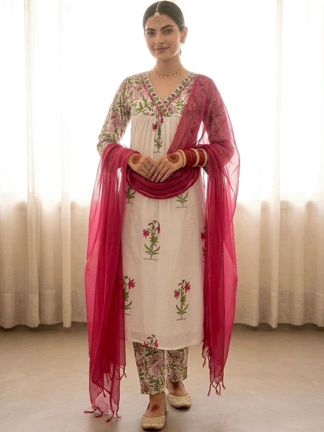 SHEMAIAH Women Floral Printed Empire Pure Cotton Kurta with Trousers & With Dupatta - view 1