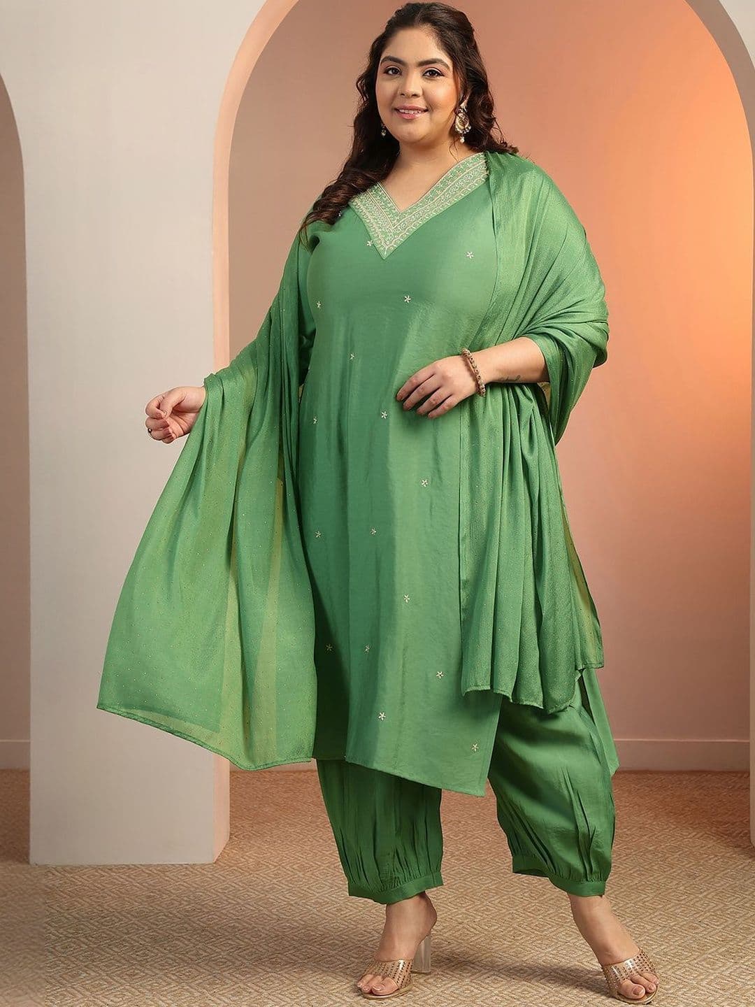 EXTRA LOVE BY LIBAS Women Plus Size Embroidered Kurta with Harem Pants & Dupatta - view 1