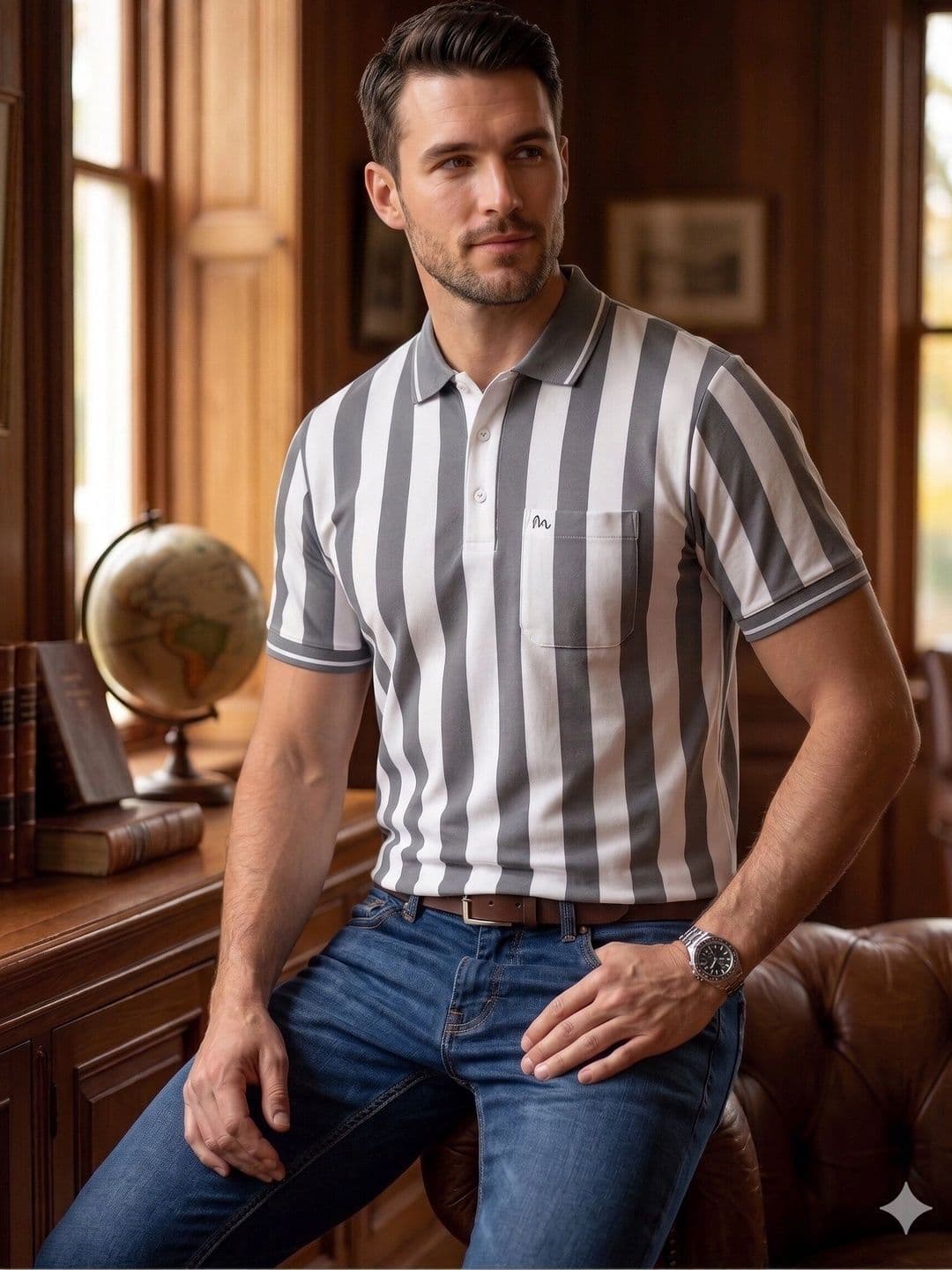 MALER Men Striped Polo Collar Pockets T-shirt - view 1