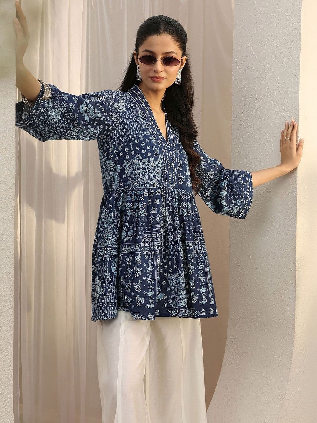 Libas Blue Ethnic Printed Cotton A-Line Short Kurti thumbnail 2